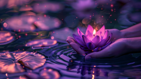 Glowing lotus in gentle handsの素材