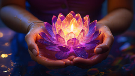 Glowing lotus in gentle handsの素材