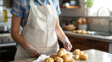 cooking potatoes on table in kitchen with plain apronの素材