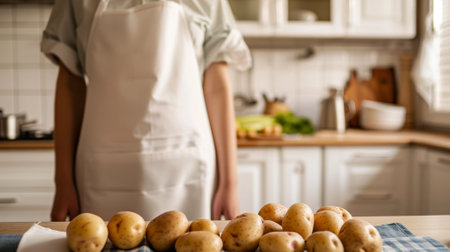 cooking potatoes on table in kitchen with plain apronの素材