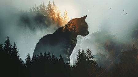 portrait of a cat in a forest, double exposureの素材