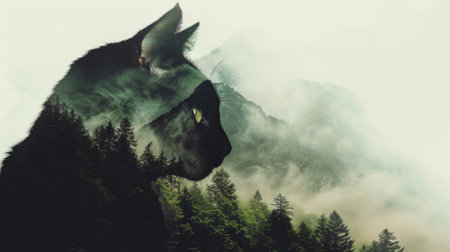 portrait of a cat in a forest, double exposureの素材