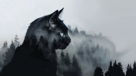 portrait of a cat in a forest, double exposureの素材