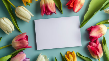 Blank sheet of paper and colorful tulip flowers frame mockupの素材