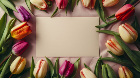 Blank sheet of paper and colorful tulip flowers frame mockupの素材