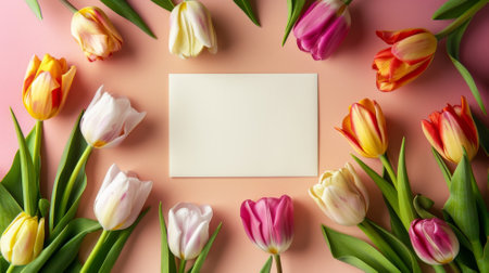 Blank sheet of paper and colorful tulip flowers frame mockupの素材
