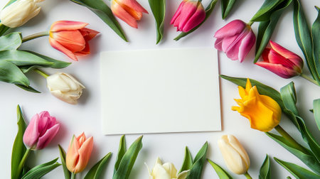 Blank sheet of paper and colorful tulip flowers frame mockupの素材