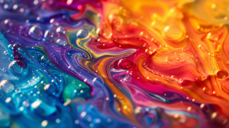 A background with vibrant colors and holographic texture displays a flowing liquid splash in various huesの素材