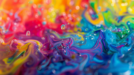 A background with vibrant colors and holographic texture displays a flowing liquid splash in various huesの素材