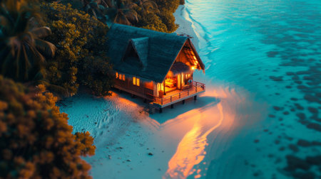 Peaceful beach house at nightの素材