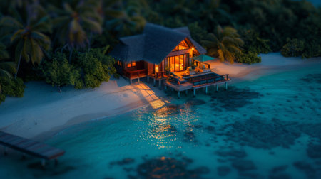 Peaceful beach house at nightの素材