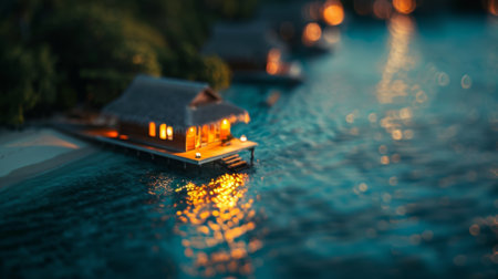 Peaceful beach house at nightの素材