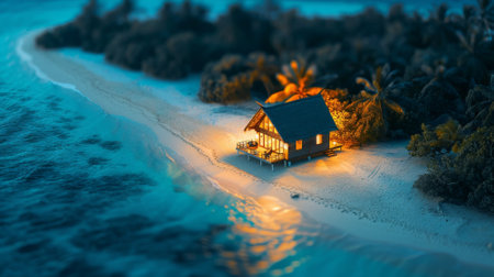 Peaceful beach house at nightの素材