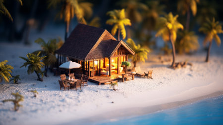 Peaceful beach house at nightの素材