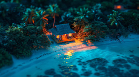 Peaceful beach house at nightの素材