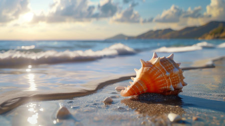 Conch shell on sand with wavesの素材