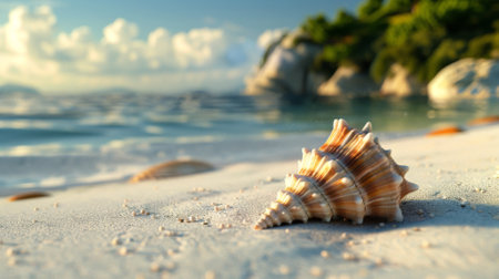 Conch shell on sand with wavesの素材