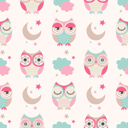 seamless cute owls stars moon pattern backgroundのイラスト素材