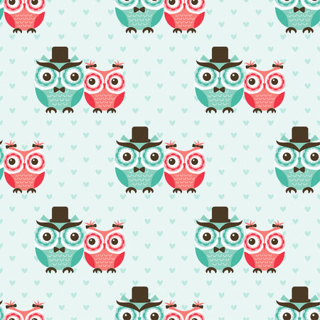 seamless couple owls love cartoon backgroundのイラスト素材