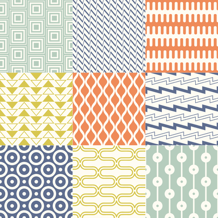 Set of colorful trendy retro geometric seamless patterns for interior design. Vector backgrounds collectionのイラスト素材