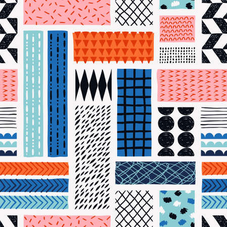 Seamless naive textured abstract geometric shapes, doodle lines creative playful pattern. Repeated hand drawing artistic background for kids stationery or textile fabric.のイラスト素材