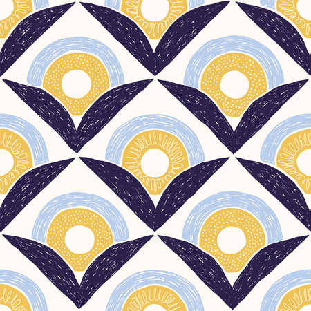 Seamless hand drawn mid-century modern floral leaf textured pattern Repeated abstract circle abstract shapes geometric wallpaper background. Ceramic tile ink drawing printのイラスト素材