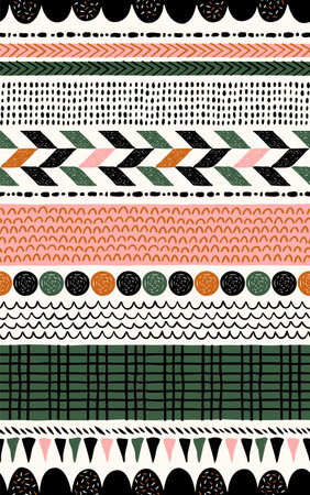 Seamless horizontal stripes background. Creative doodle pattern with circles, herringbone and abstract shapes. Hand drawn modern print.のイラスト素材