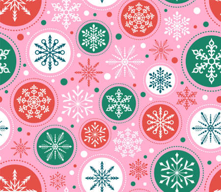 Seamless Christmas Snowflake pattern. Red, green, pink ornaments background. Colorful and festive stationery design.のイラスト素材