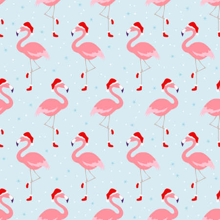 Seamless Christmas pattern with tropical winter flamingos in xmas Santa hatのイラスト素材