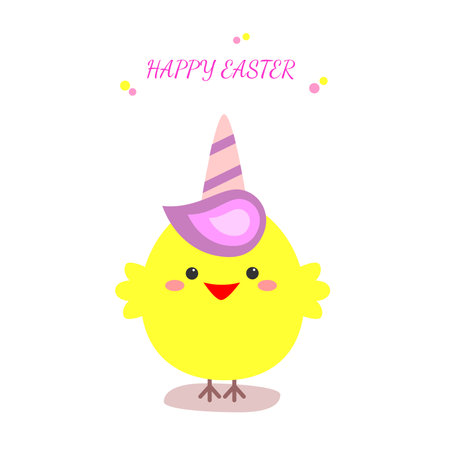 Happy easter card chicken with unicorn horn. Cute cartoon funny chicken baby character. flat design. For greeting card, posters, illustrations. Vector.のイラスト素材