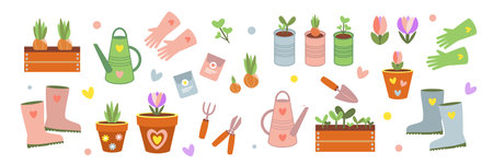Collection of garden tools and plants. Gardening or horticulture concept. Design elements for print, packaging or stickers. vector illustration.のイラスト素材