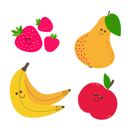 Cute cartoon apple, strawberry, pear and banana. cartoon fruit character set. funny emoticon flatのイラスト素材