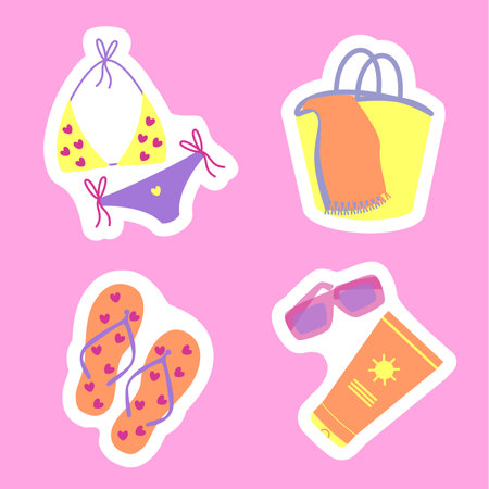 Summer vector set, flip-flops, sandals, bikini, sunglasses, sunscreen, perfect for stickers, card, bannerのイラスト素材