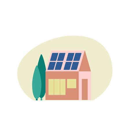 Solar photovoltaic panels on modern house, solar batteries, green energy concept, vector flat illustrationのイラスト素材