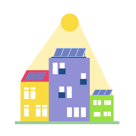 photovoltaic city. Solar photovoltaic panels on house roofs, solar batteries on buildings, green energy concept, vector flat illustrationのイラスト素材