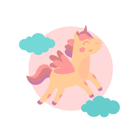 Beautiful happy unicorn on clouds illustration, vector, card and shirt designのイラスト素材