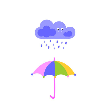 Illustration of umbrella and rain cloud smiling. Hand drawn colored Vector illustration. cartoon style. design templates. All elements are isolatedのイラスト素材