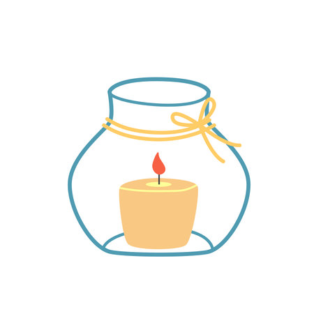 Candle light in a glass jar. Vector illustration isolated on a white background. Modern decor element.のイラスト素材
