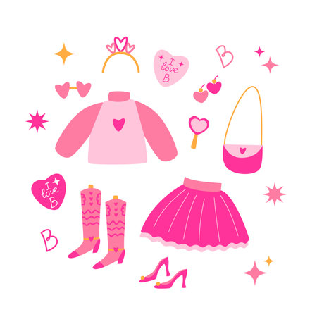 Pink dolls set accessories and clothing. Baby girl, princess. Cute pink icons collection - shoes, dress, bag, mirror. Vector Vector illustration.のイラスト素材