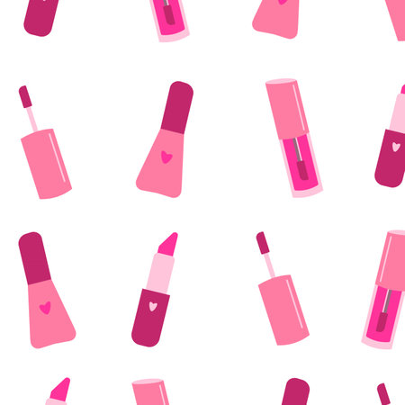 Cosmetic seamless pattern, seams print with pink lipstick, nail polish on white background.のイラスト素材