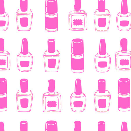 Seamless pattern with bottles of nail polish in pink Barbiecore style. Seamless print isolated on a white background.のイラスト素材