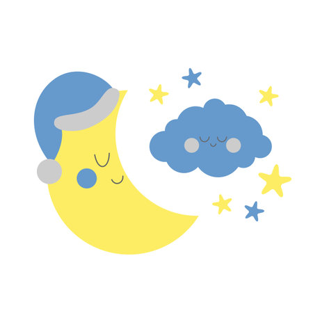 Sleepy moon with blue cloud and blue stars for boy baby room decoration. For fabric print logo sign cards banners Kids wall art design Vector illustrationのイラスト素材