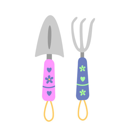 Gardening tools for gardening with heart decoration. Spring garden, farming concept. Flat cartoon vector illustration.のイラスト素材