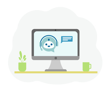 Ai chat bot on an office monitor, chatbot on computer. Chat bot concept, Artificial intelligence concept. Vector illustration.のイラスト素材