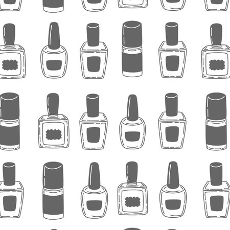 Seamless pattern with bottles of nail polish silhouette on white background. Seamless print vector for packaging, wrapping.のイラスト素材
