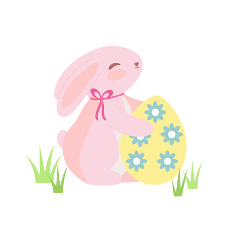 Easter bunny with egg vector decor element isolated on white background.のイラスト素材