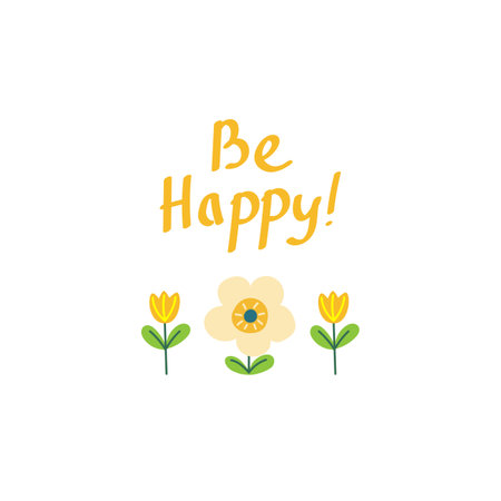 Spring Cartoon Illustration. Be Happy Inspirational Quote. Cute Happy Chick with Flowers.のイラスト素材
