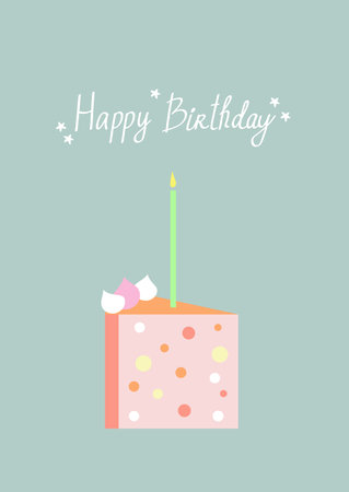 Happy birthday greeting card. Cute colorful party cake with candles and hand draw lettering. Vector...