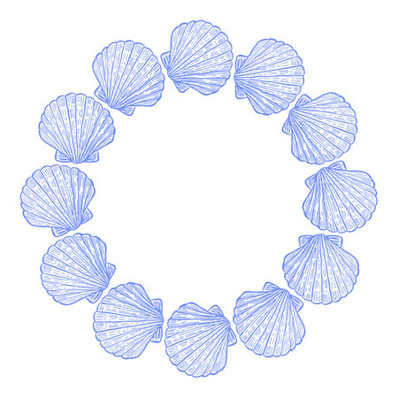 Wreath made of scallop seashells in vintage engraving style. Hand drawn circular marine frame perfect for summer, beach, wedding, nautical, and coastal design themes.のイラスト素材