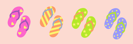 Set of colorful flip flops in cartoon style. Hand-drawn summer sandals isolated on white background.のイラスト素材